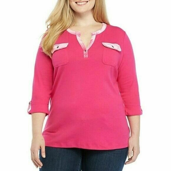 𝅺kim Rogers Pink Velvet Trim Split Neck Long Sleeve Jersey Top Plus Size 1X NWT - Picture 1 of 9